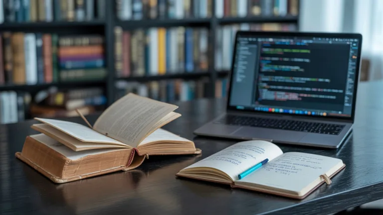 Open books and a notebook with handwritten notes on a dark wooden desk beside a laptop displaying code, set in front of a bookshelf filled with books.