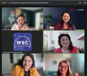 Screenshot of a virtual panel on AI Governance: Leading Through Innovation, Risk, and Responsibility featuring Allison Shapira and fellow panelists discussing leadership, AI policy, risk, and governance.