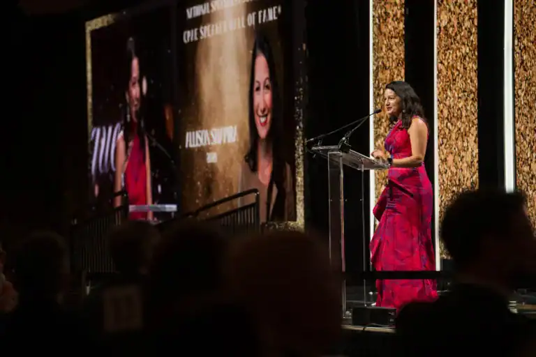 Allison Shapira delivers her acceptance speech after being inducted into the CPAE Speaker Hall of Fame by the National Speakers Association.